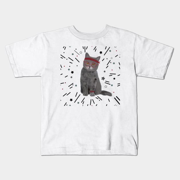 Hand drawn hipster cat with stars pattern Kids T-Shirt by GULSENGUNEL